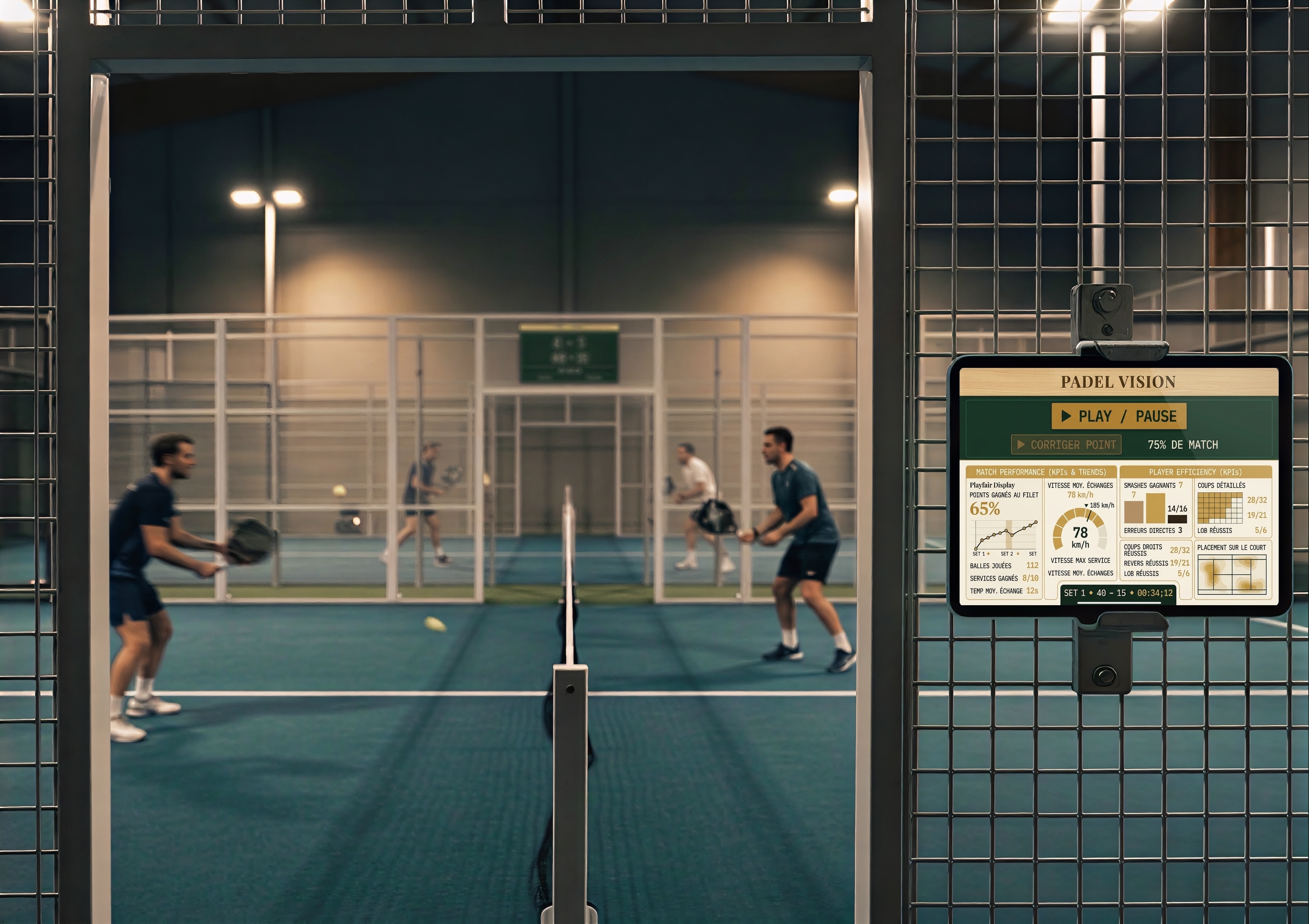 Écran Padel Vision affiché en temps réel sur la grille d'un court de padel, avec les joueurs en arrière-plan